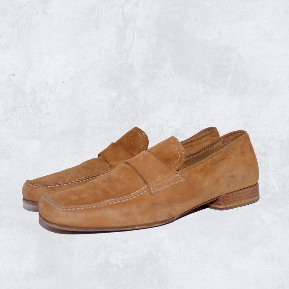 VIA SPIGA WOMEN’S SZ 9 CAMEL TAN SUEDE SHOES LOAFERS SLIP-ON BLOCK SQUARE TOE